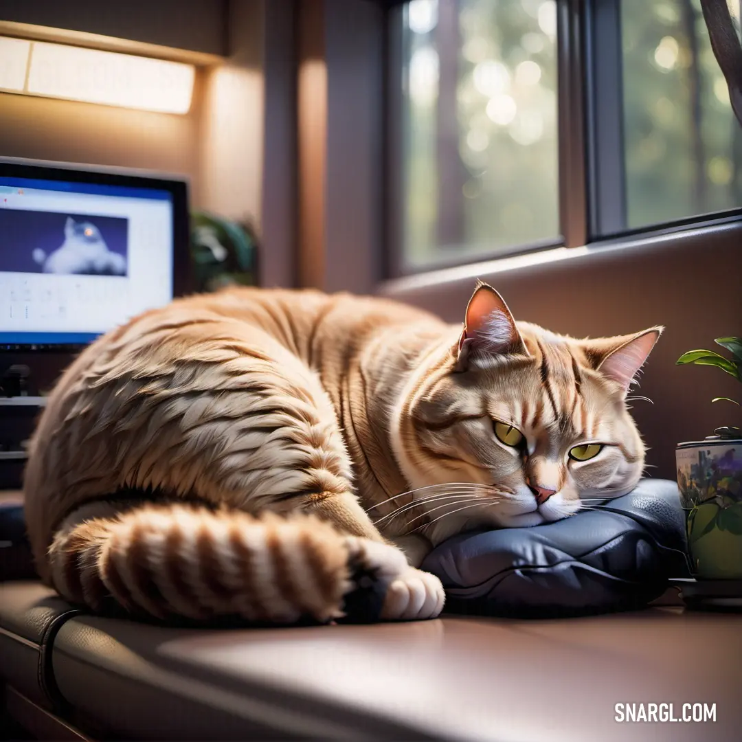 Cat laying on a desk next to a computer monitor and a plant in a vase on a chair