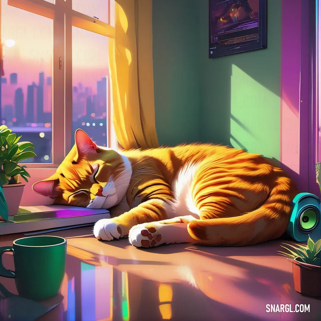 Cat laying on a desk next to a laptop computer and a potted plant in a window sill