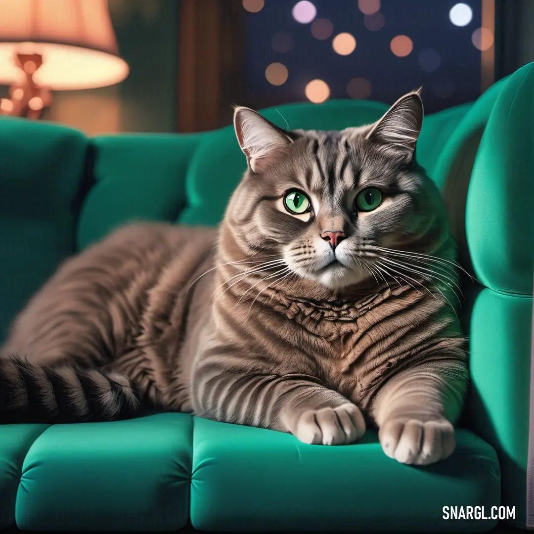 Cat laying on a green couch with a lamp in the background and a window behind it