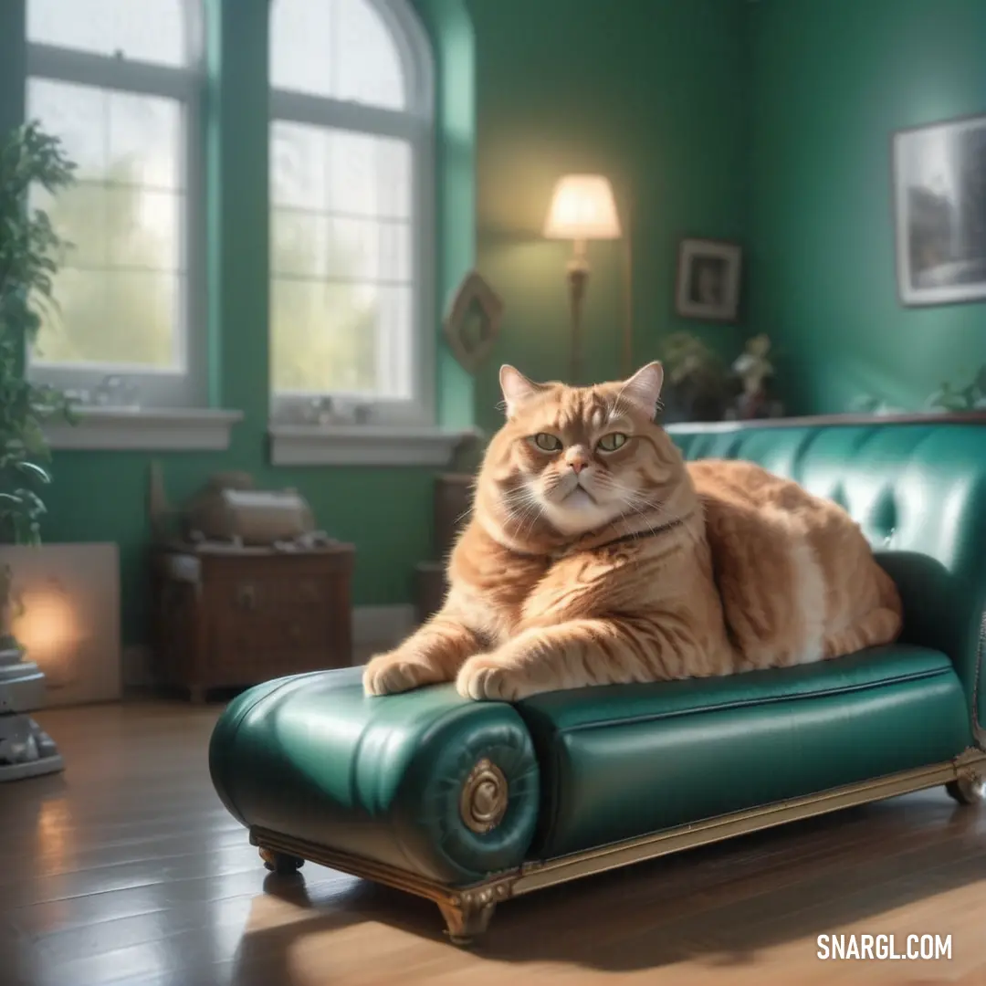 Cat laying on a green couch in a living room with a wooden floor and green walls and a green leather chair