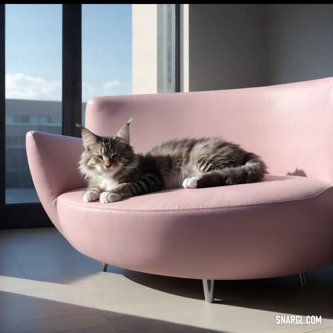 Cat laying on a pink chair in a room with a window and a view of the city outside