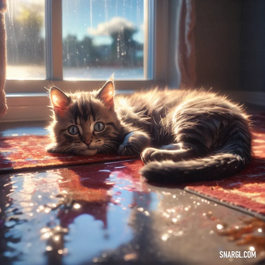Cat laying on a rug in front of a window with a rain shower on it's side