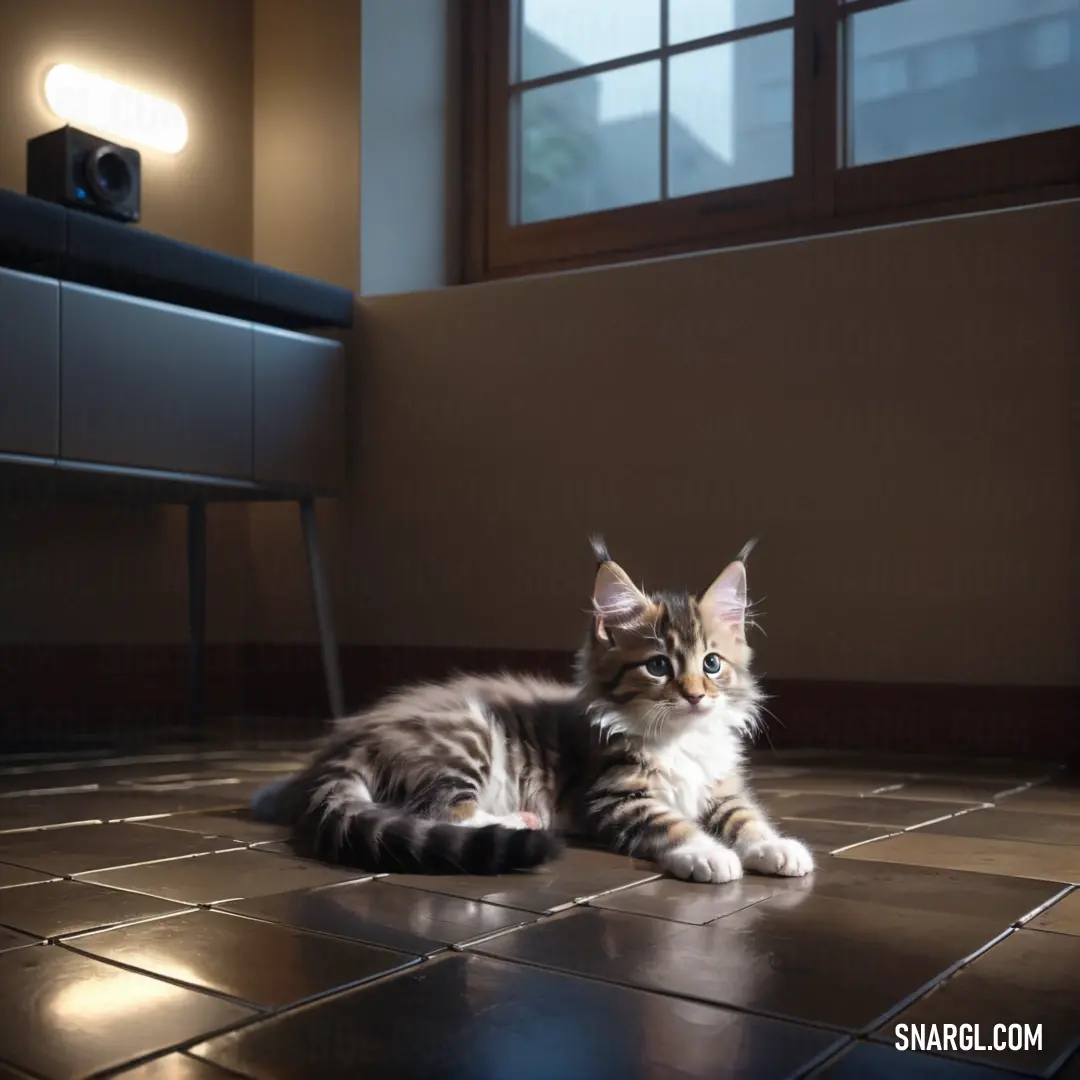 Cat laying on a tiled floor in a room with a window and a table in the background with a light on