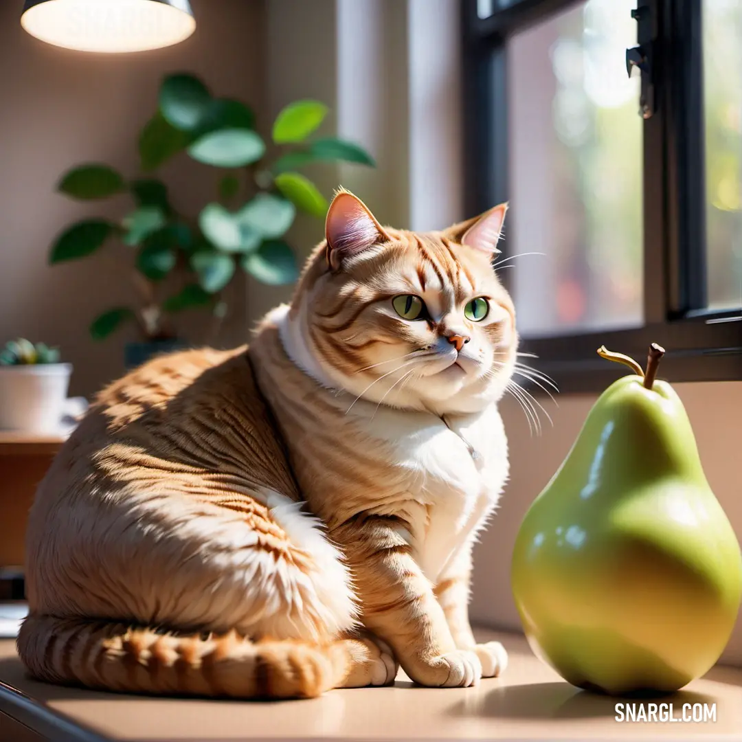 Cat next to a pear and a window sill with a plant in the background and a vase on the floor