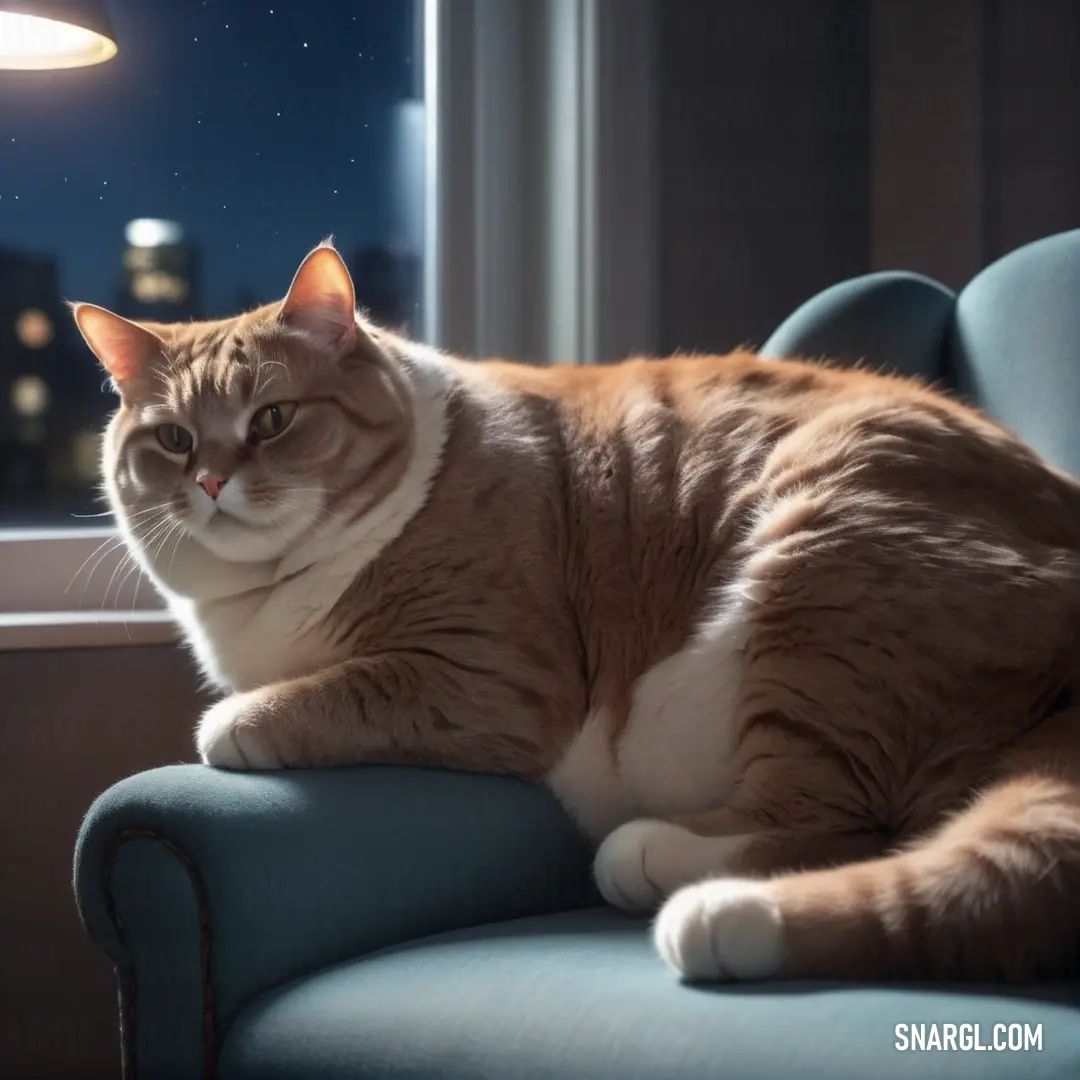 Cat on a blue chair in a room with a window and a city view at night time