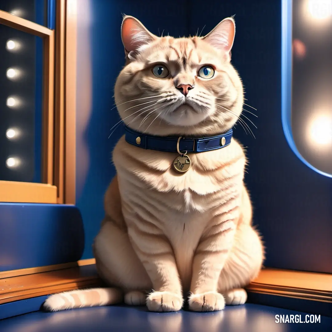 Cat on a blue floor with a blue background and a mirror behind it with lights on it