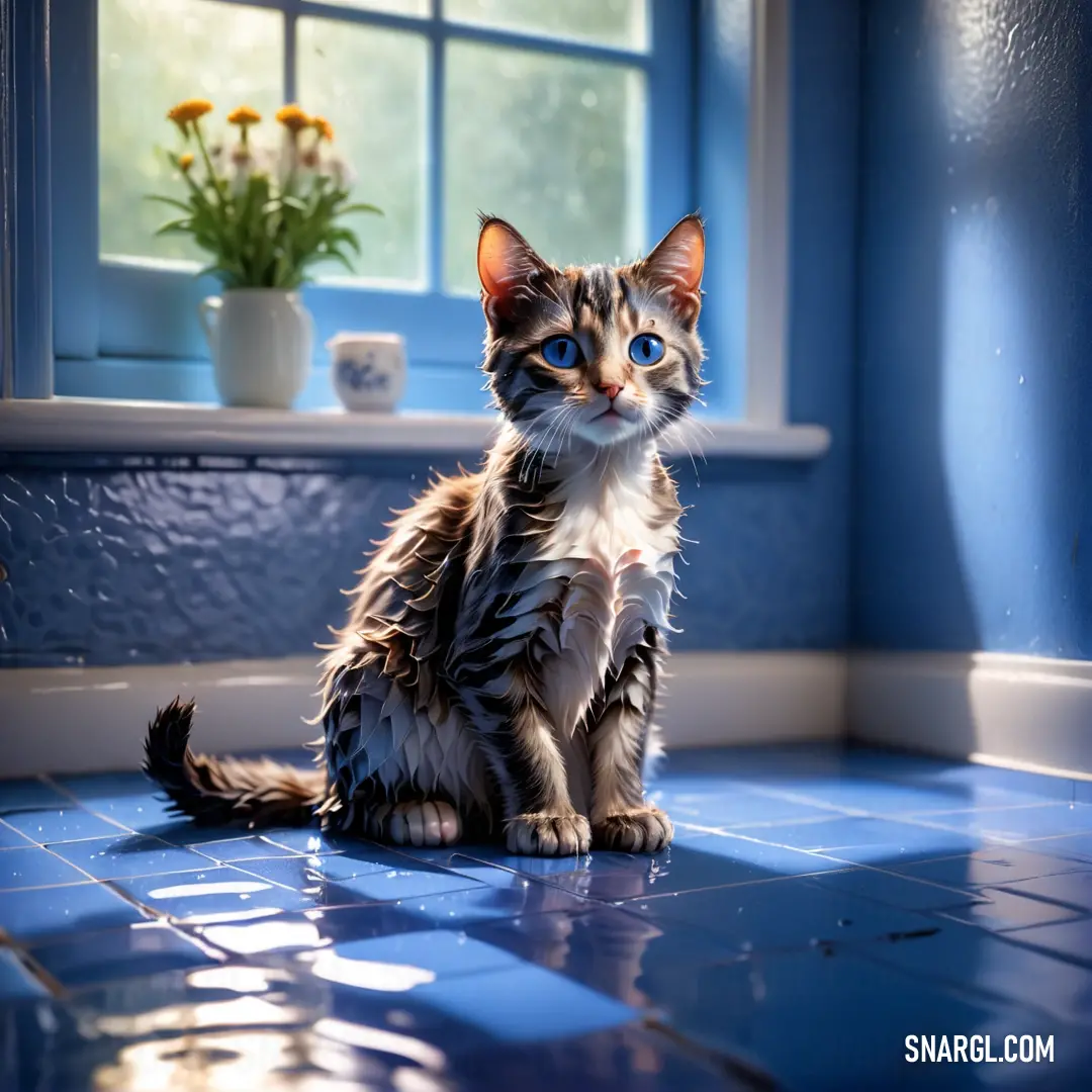 Cat on a blue tiled floor next to a window with a potted plant in the window sill