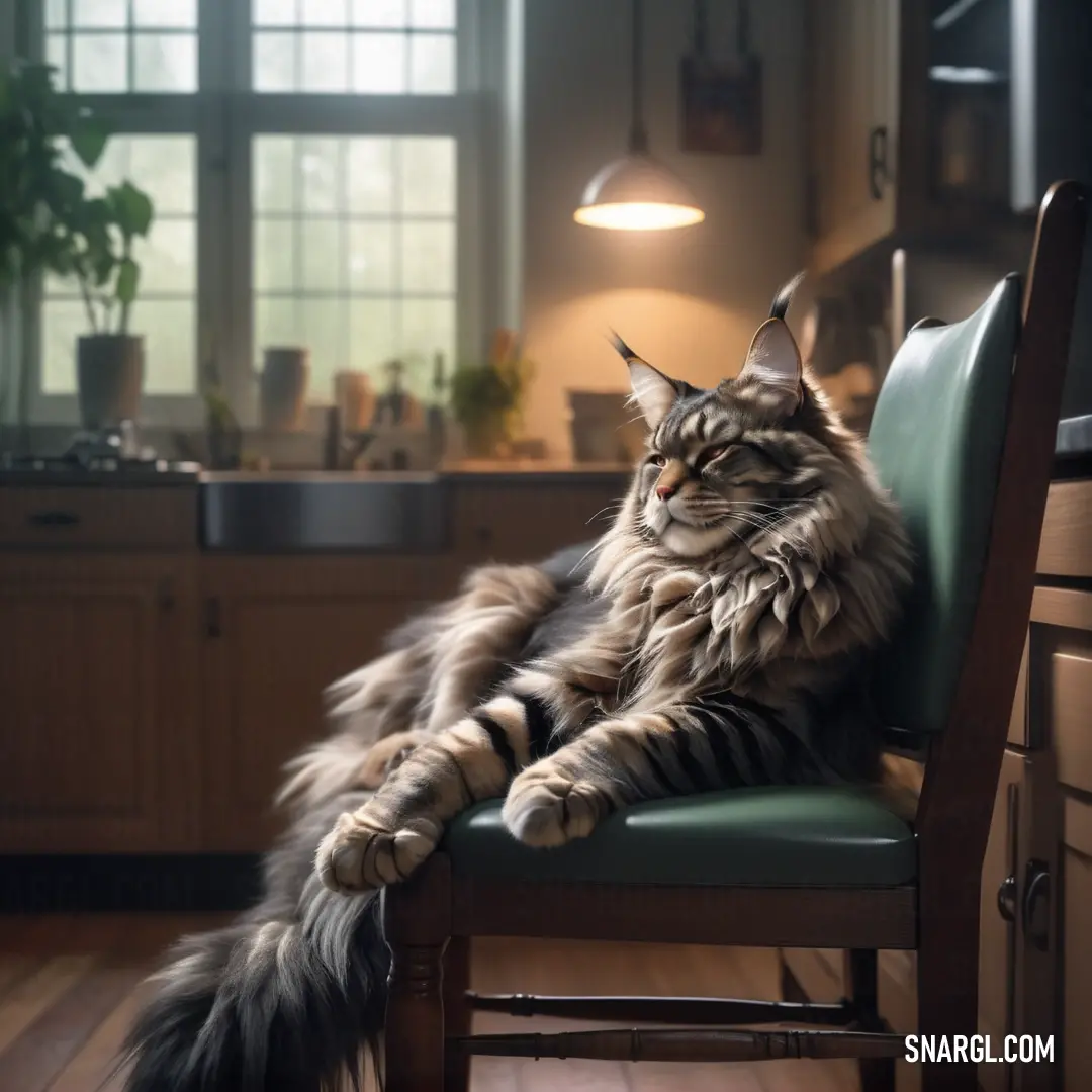 Cat on a chair in a kitchen next to a sink and a window with a light on