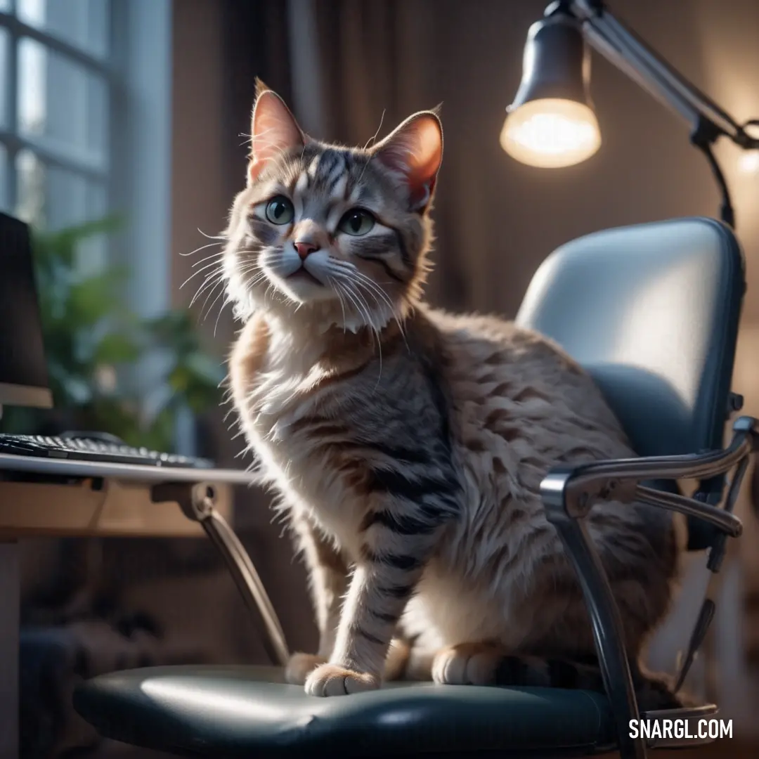 Cat on a chair in front of a computer desk with a lamp on it's side