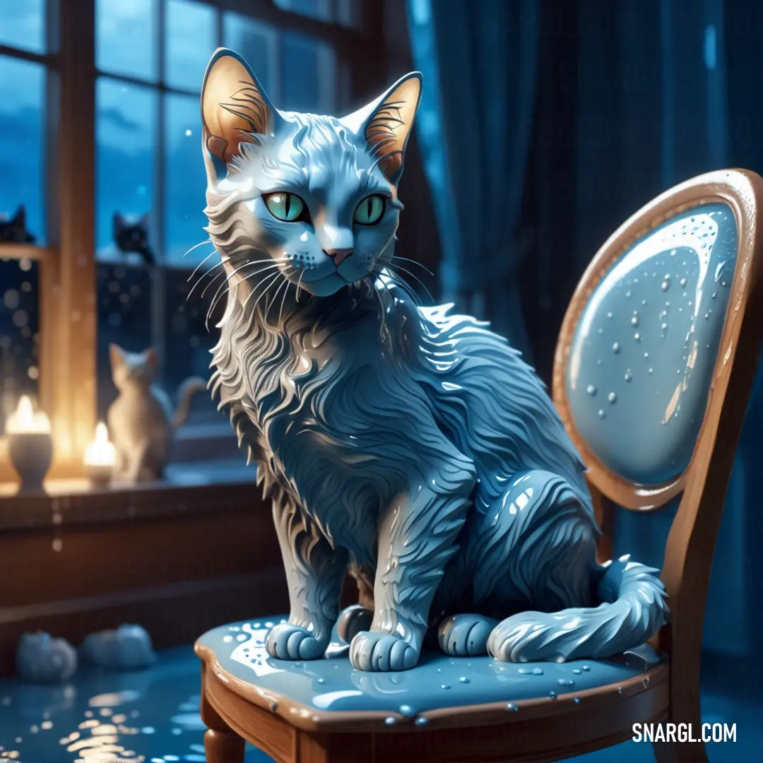Cat on a chair in front of a window with a candle in it's reflection