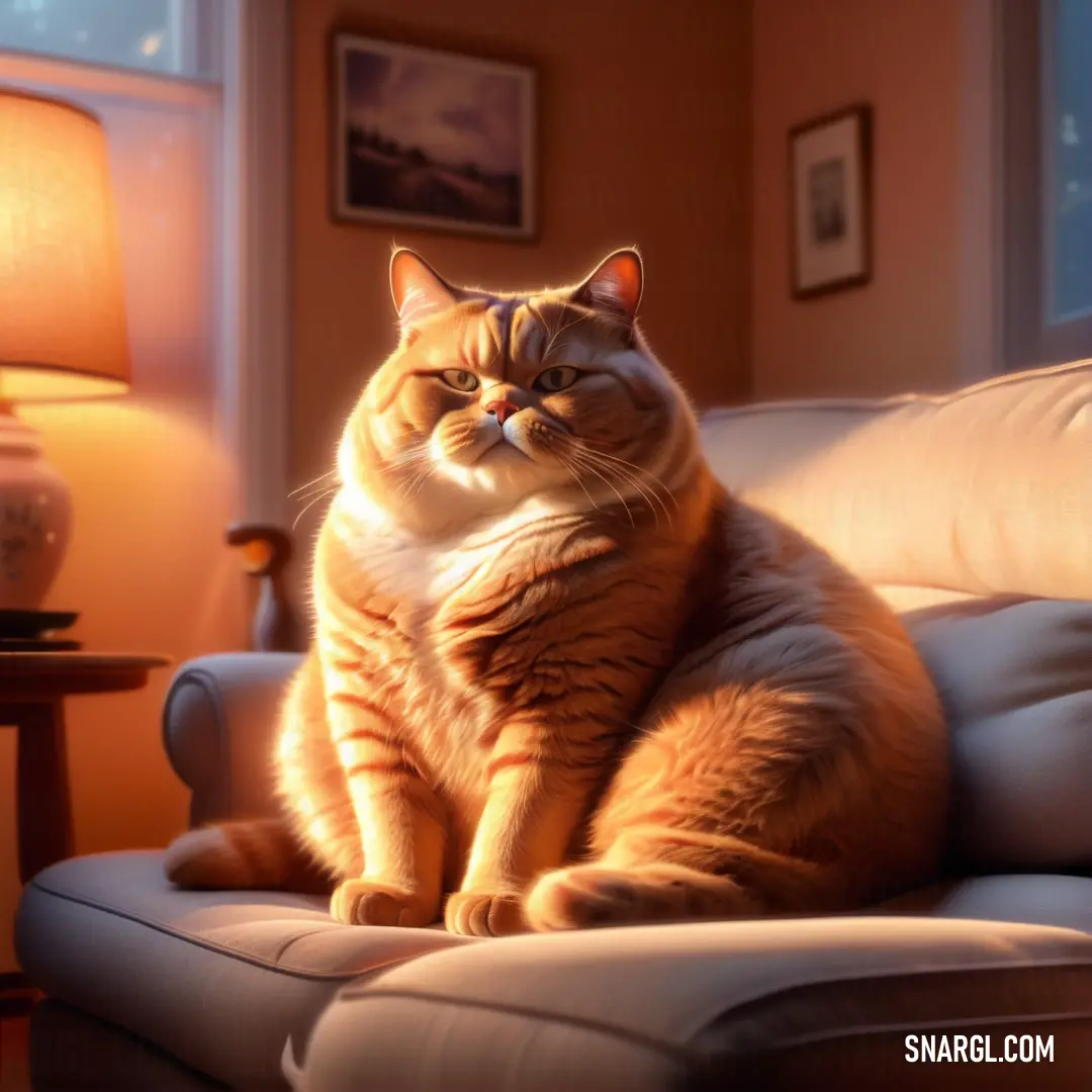 Cat on a couch in a living room with a lamp on the side table and a picture on the wall