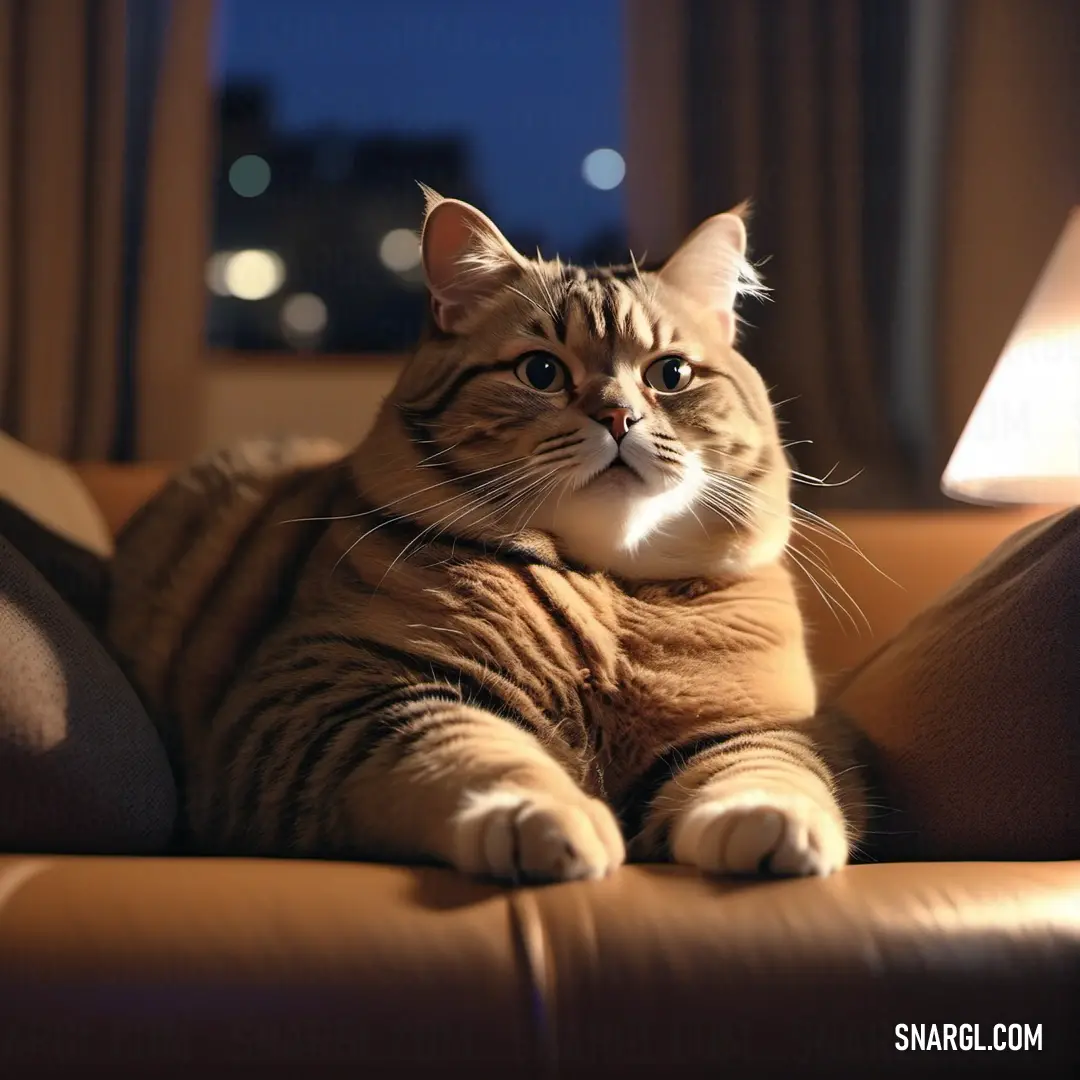 Cat on a couch in a room with a lamp on the side of it and a window in the background