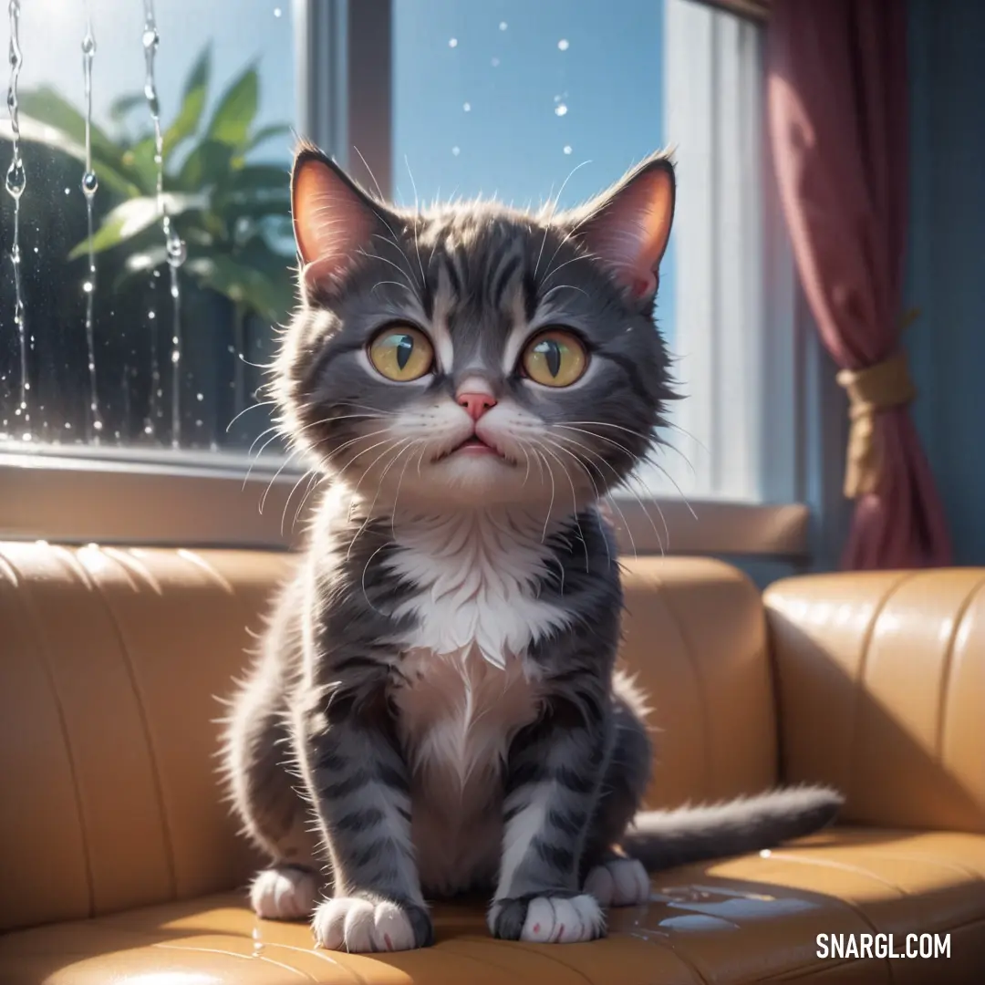 Cat on a couch looking out a window with rain falling down on it's head and eyes