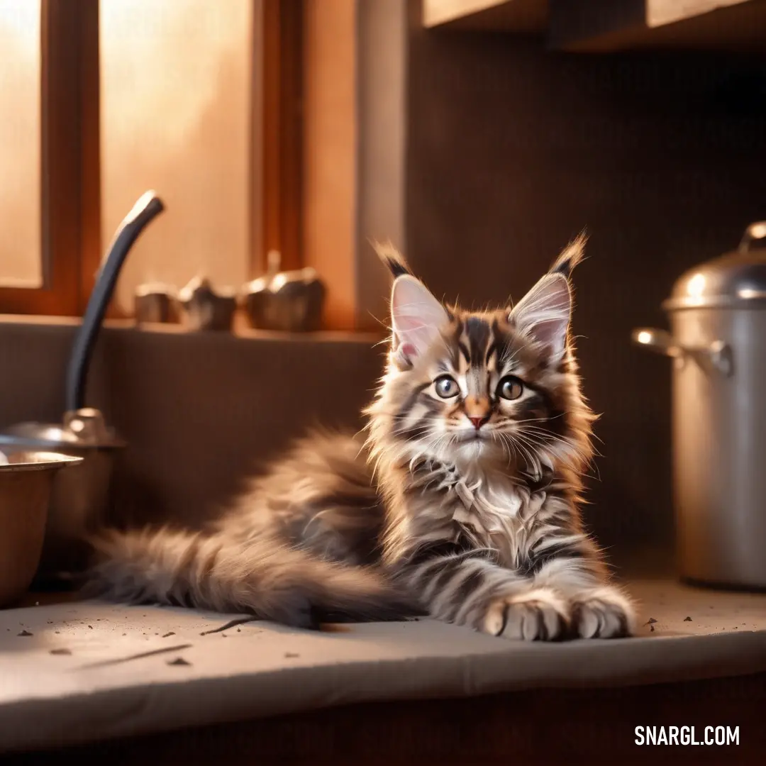 Cat on a counter next to a pot and pans of food on the counter top of a kitchen