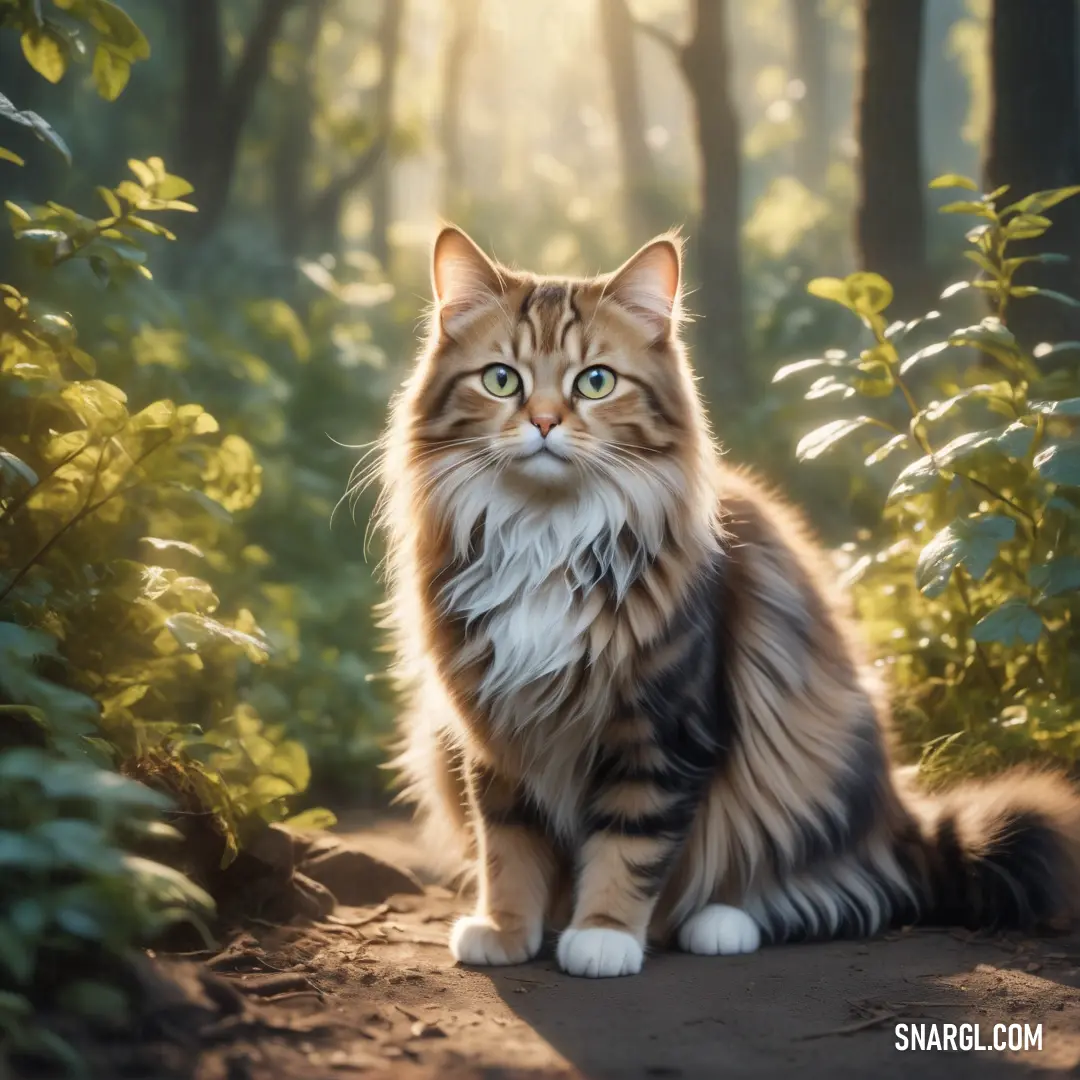 Cat on a dirt road in the woods looking up at the camera with a bright light shining on it