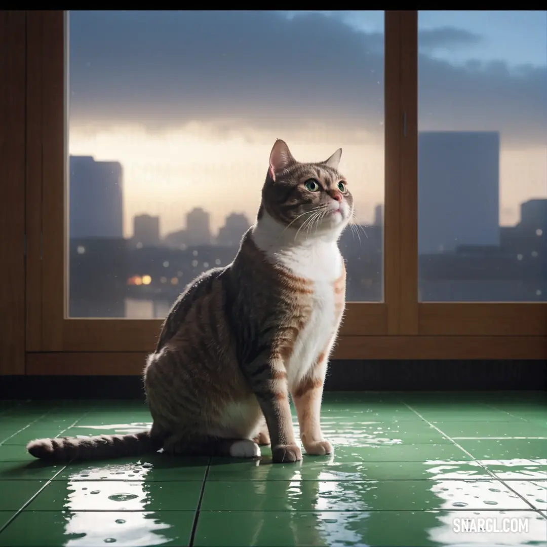 Cat on a green tile floor looking out a window at the city skyline at night time