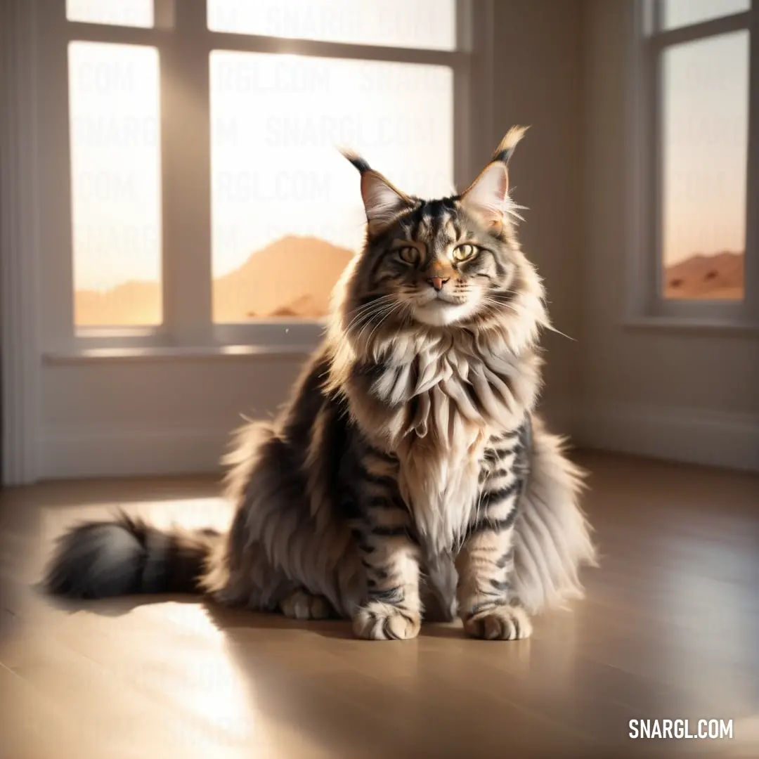 Cat on a hard wood floor in front of a window with a mountain view in the background