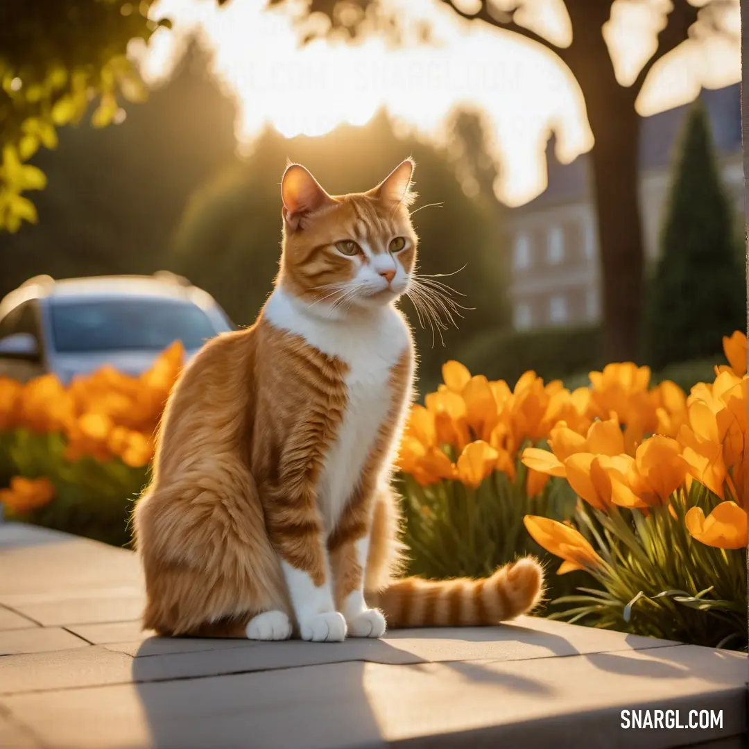 Cat on a ledge in front of a flower garden with yellow flowers and a car in the background