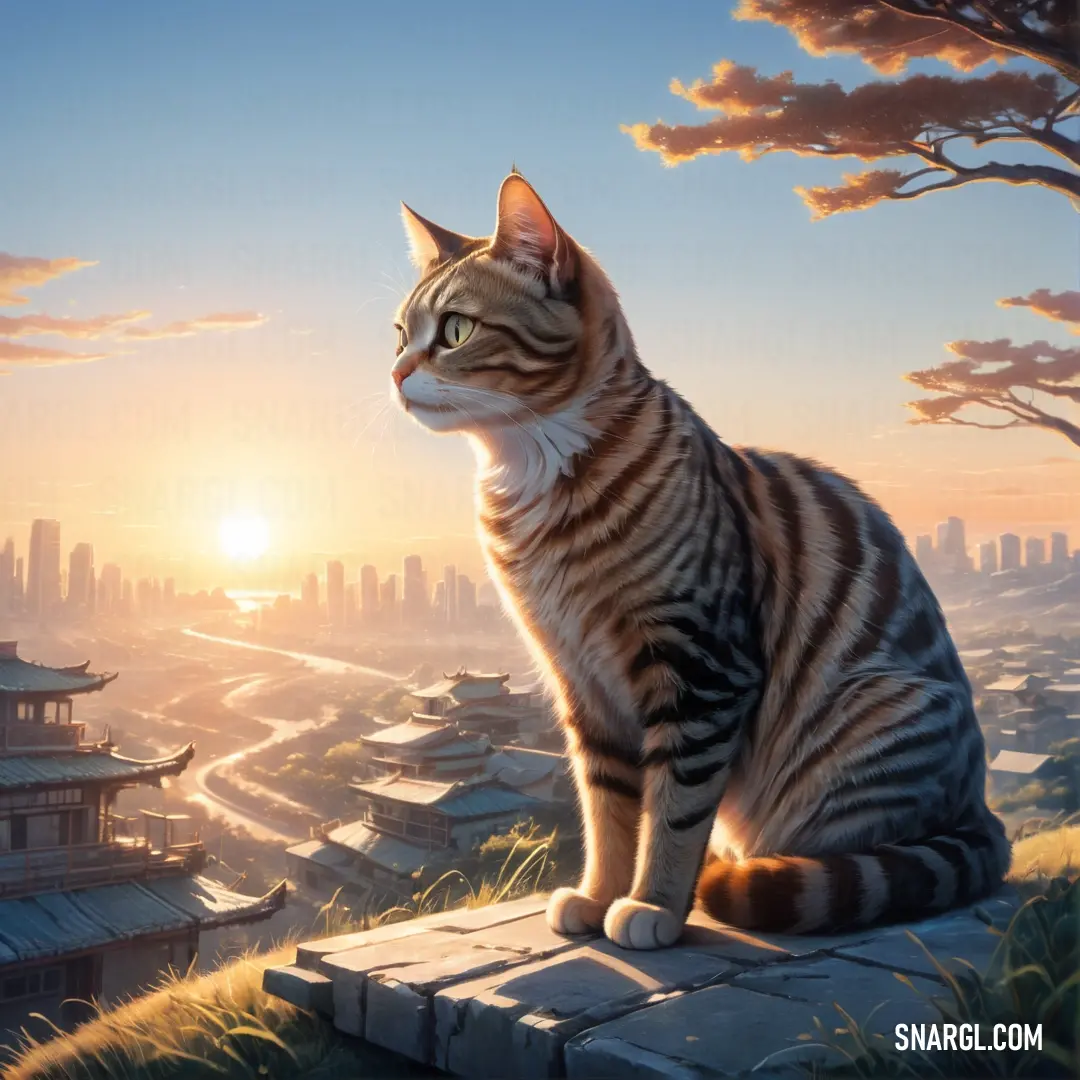 Cat on a ledge looking at the sunset over a cityscape with a pagoda in the background