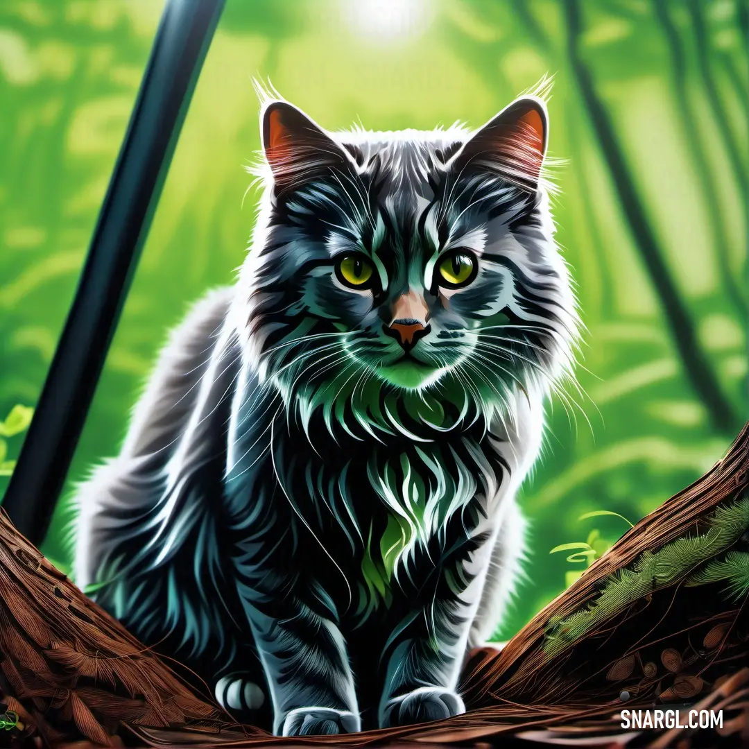 Cat on a log in a forest with a bright green background and a bright light shining on it