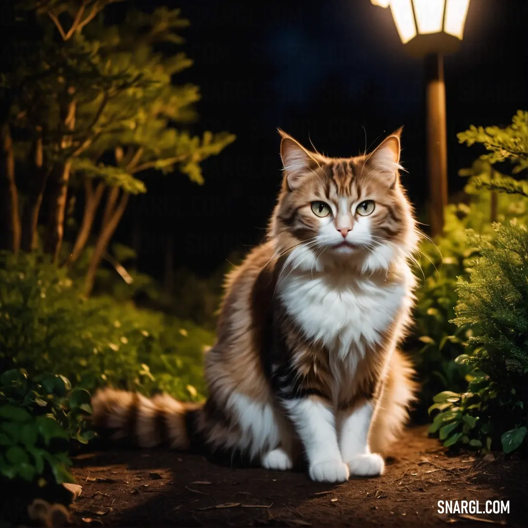 Cat on a path in the woods at night with a lamp post in the background and bushes and trees