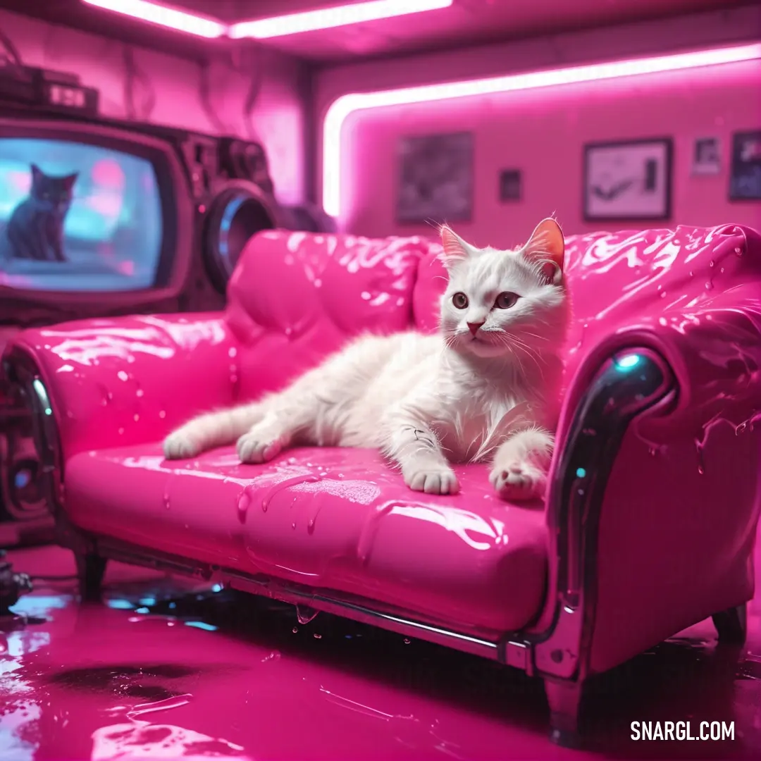 Cat on a pink couch in a room with pink walls and a tv set in the background