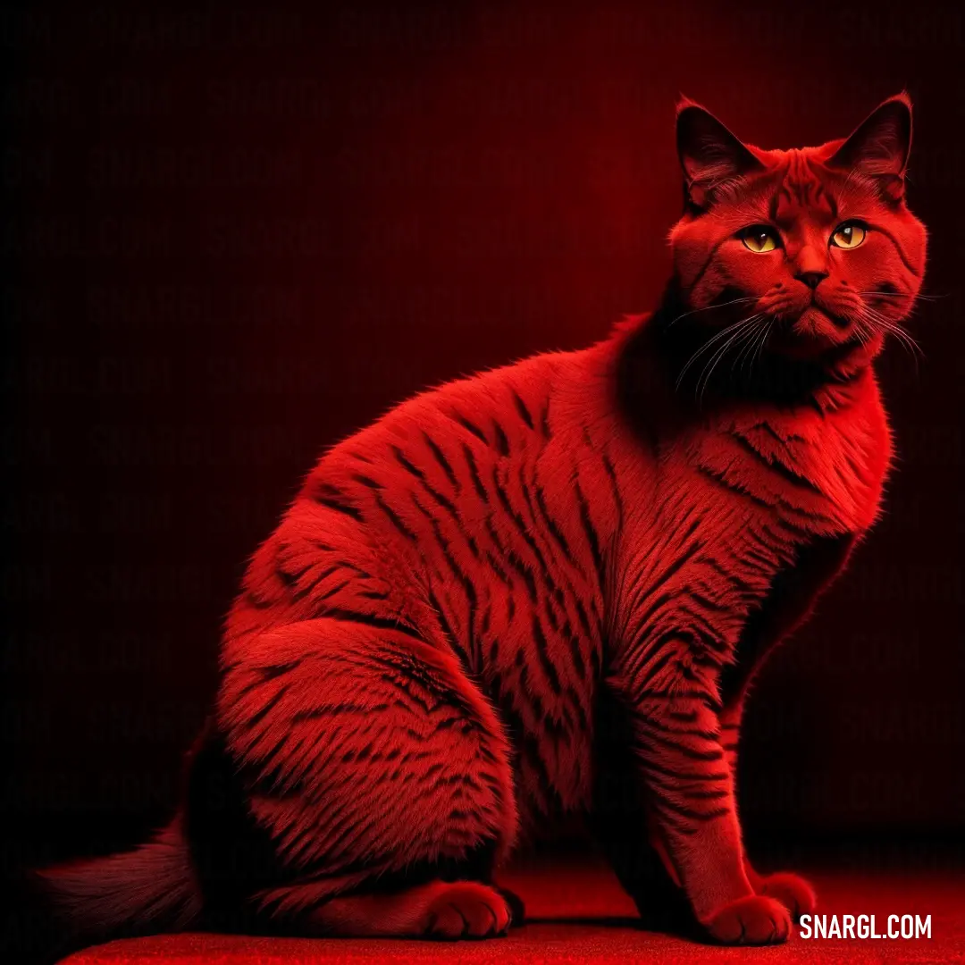 Cat on a red carpet with a black background and a red light behind it