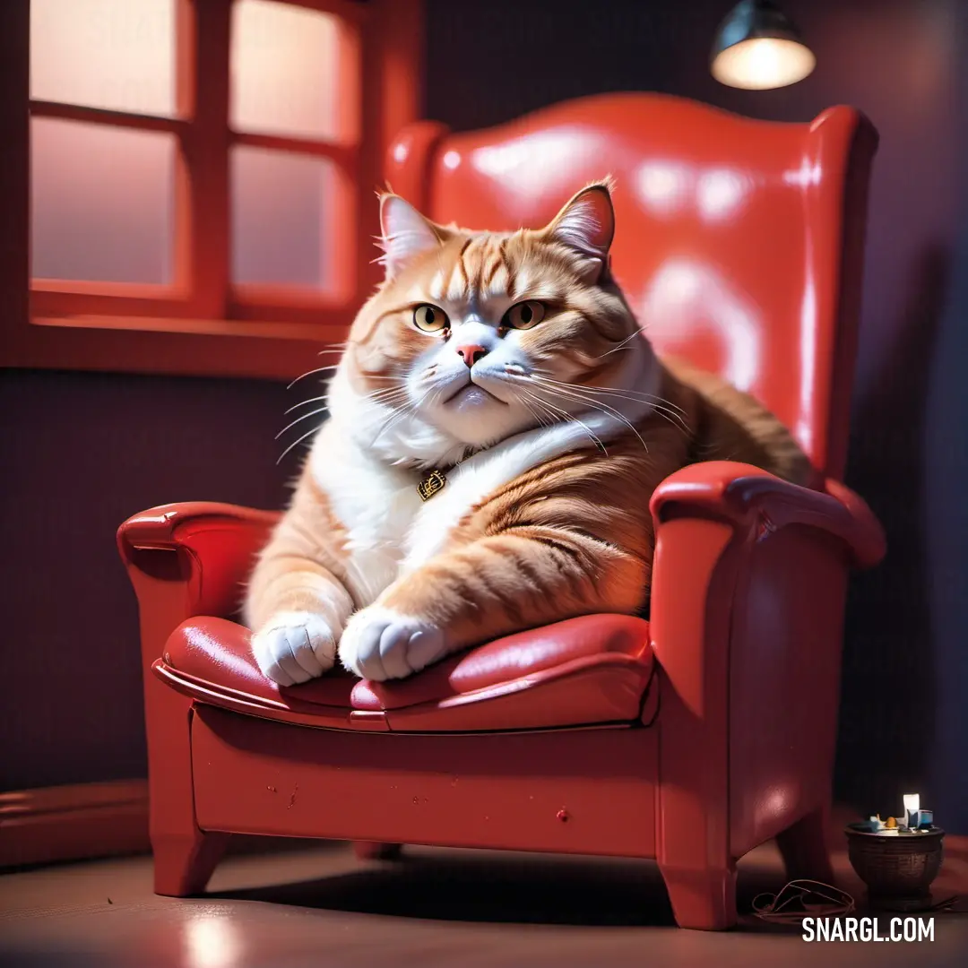 Cat on a red chair in a room with a window and a light on the floor and a lamp on the wall
