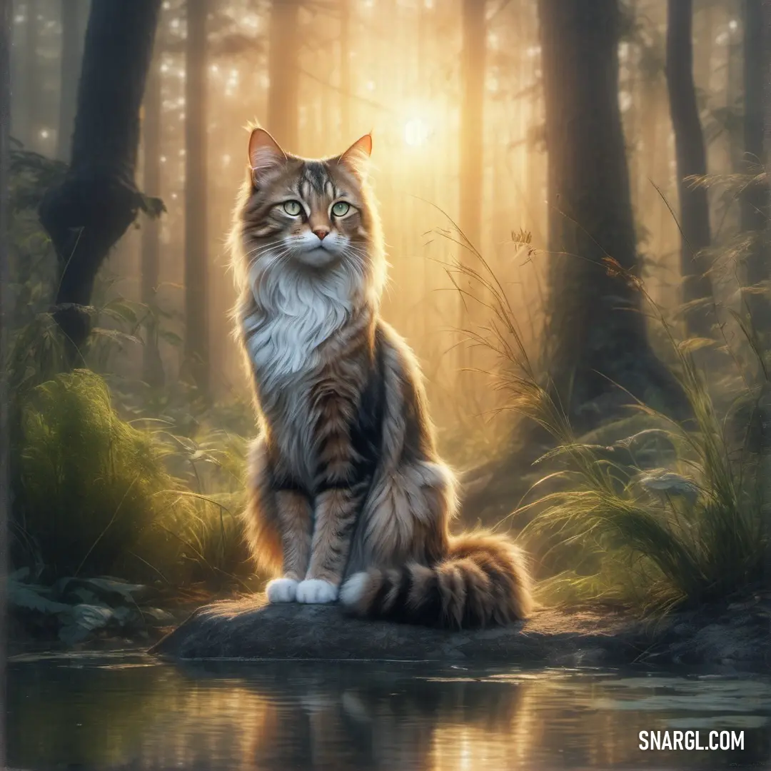 Cat on a rock in a forest with a pond in front of it and the sun shining through the trees