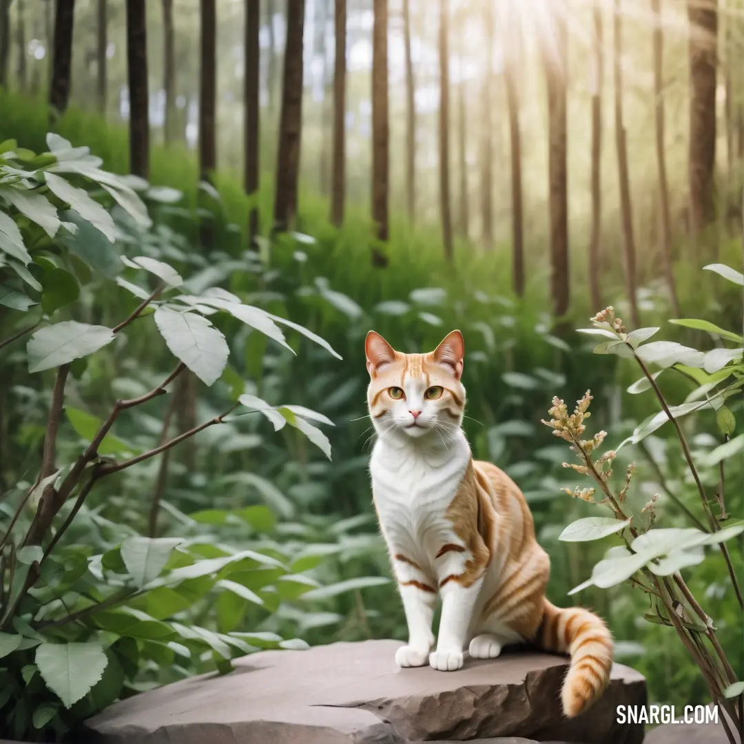 Cat on a rock in a forest with trees and plants in the background and sunlight shining through the leaves