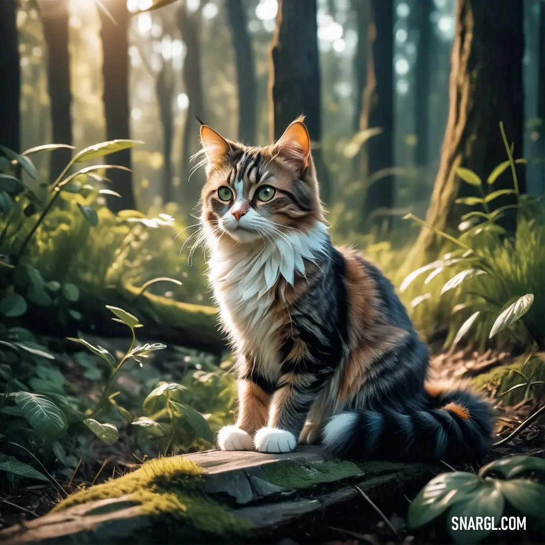 Cat on a rock in the woods looking at the camera with a smile on its face and eyes