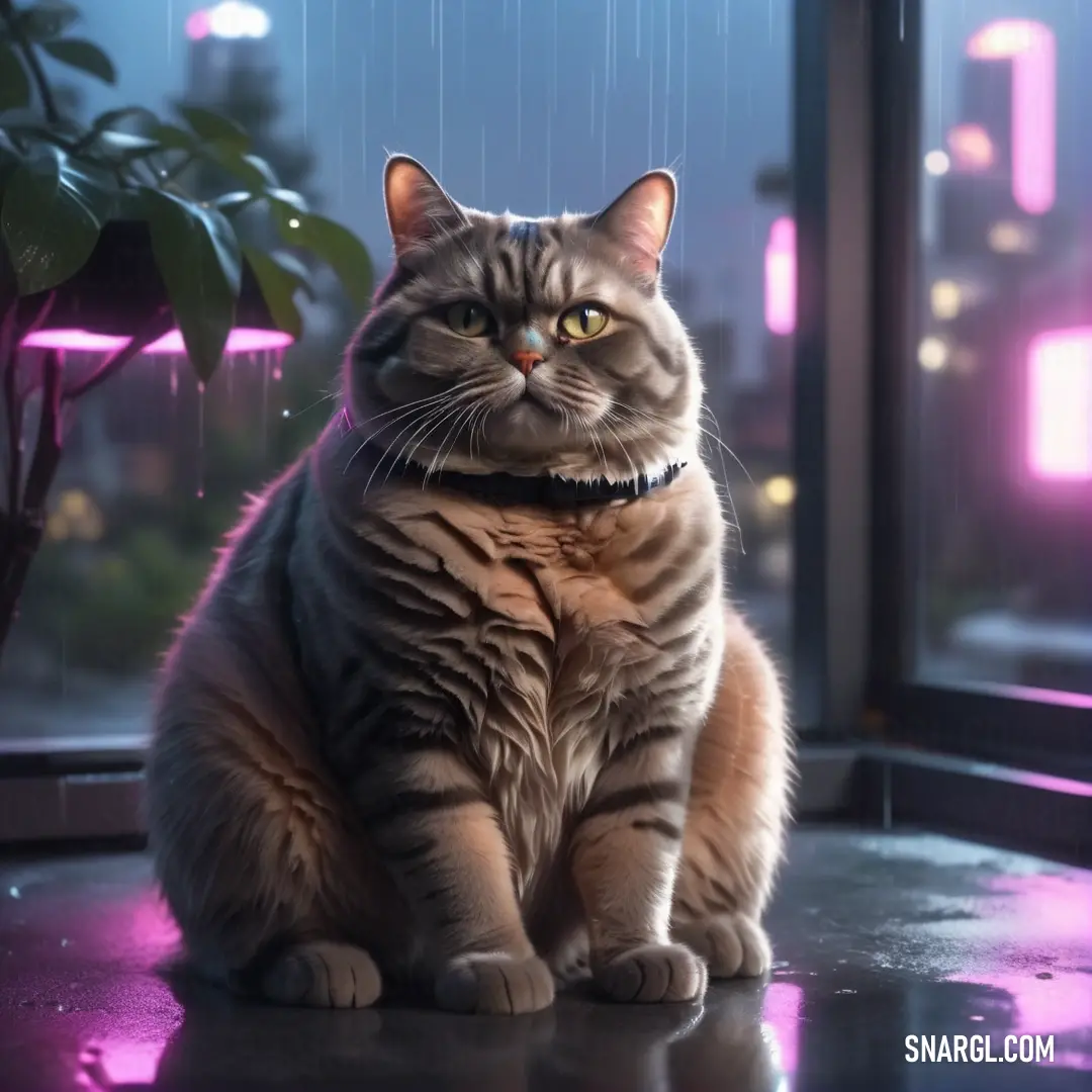 Cat on a table in the rain with a pink light behind it and a plant in the background