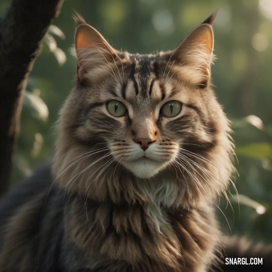 Cat on a tree branch looking at the camera with a blurry background of trees and leaves