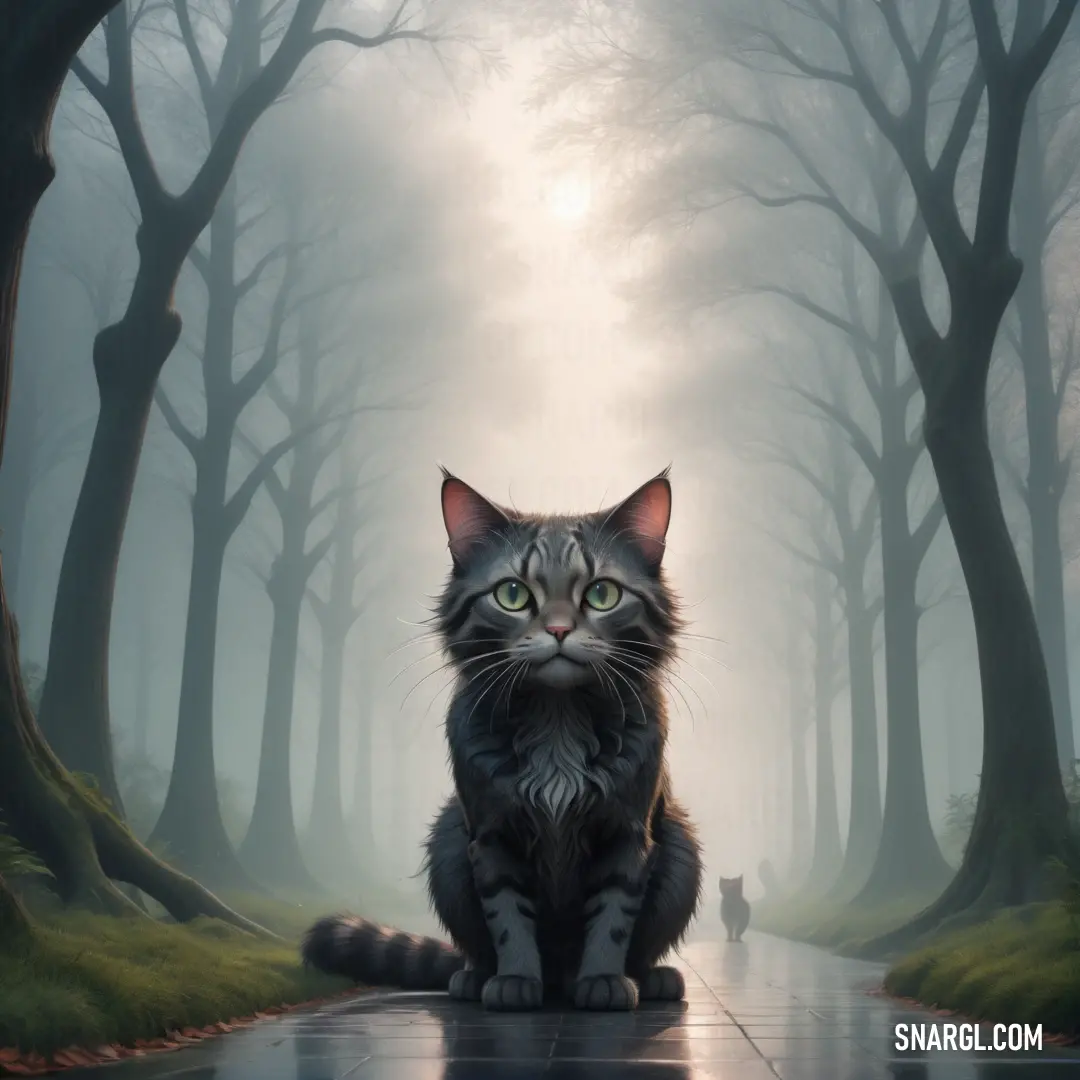 Cat on a wet road in the middle of a forest with a Cat walking by it's side