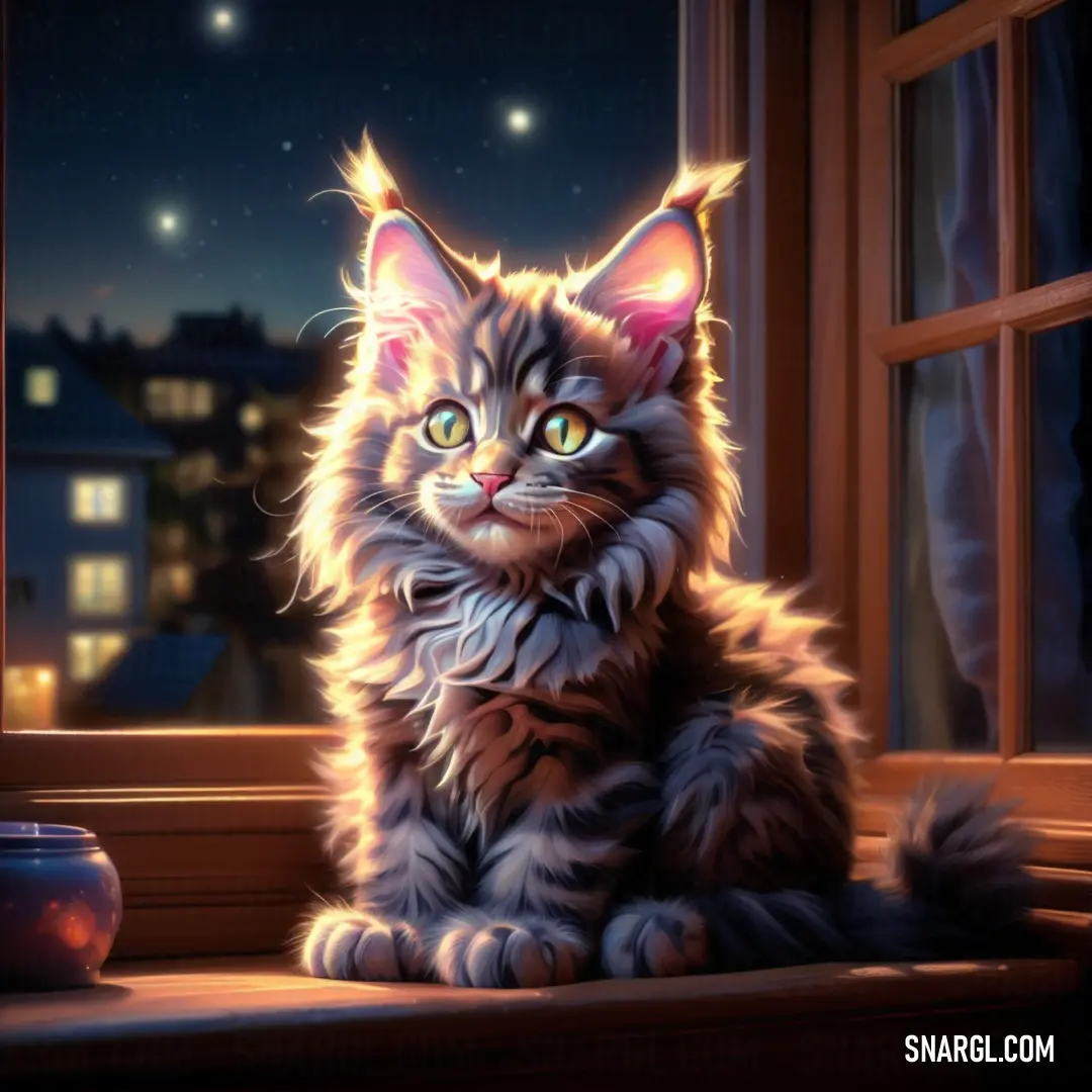 Cat on a window sill looking out the window at the night sky and stars above it