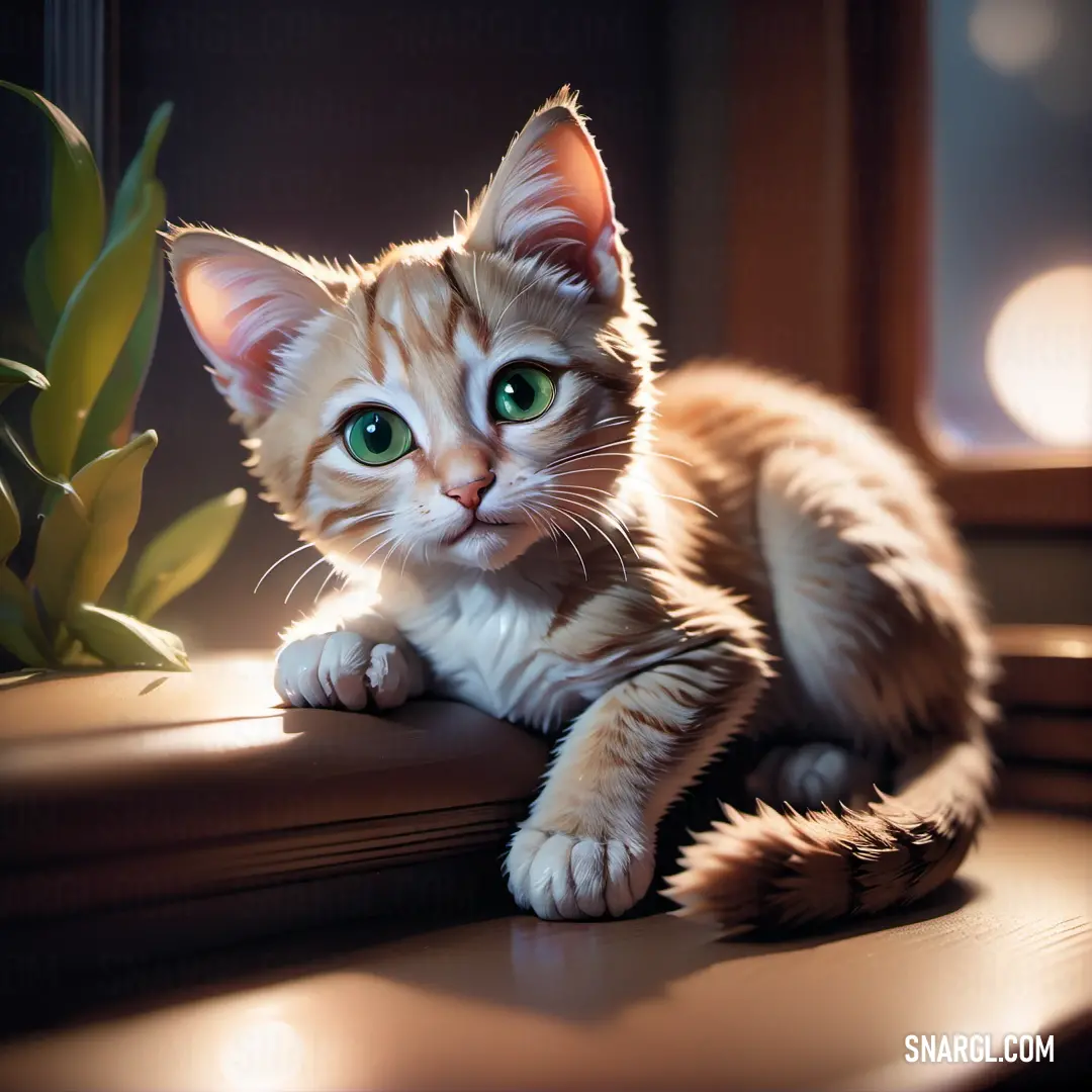 Cat on a window sill next to a plant with green eyes and a green - eyed look