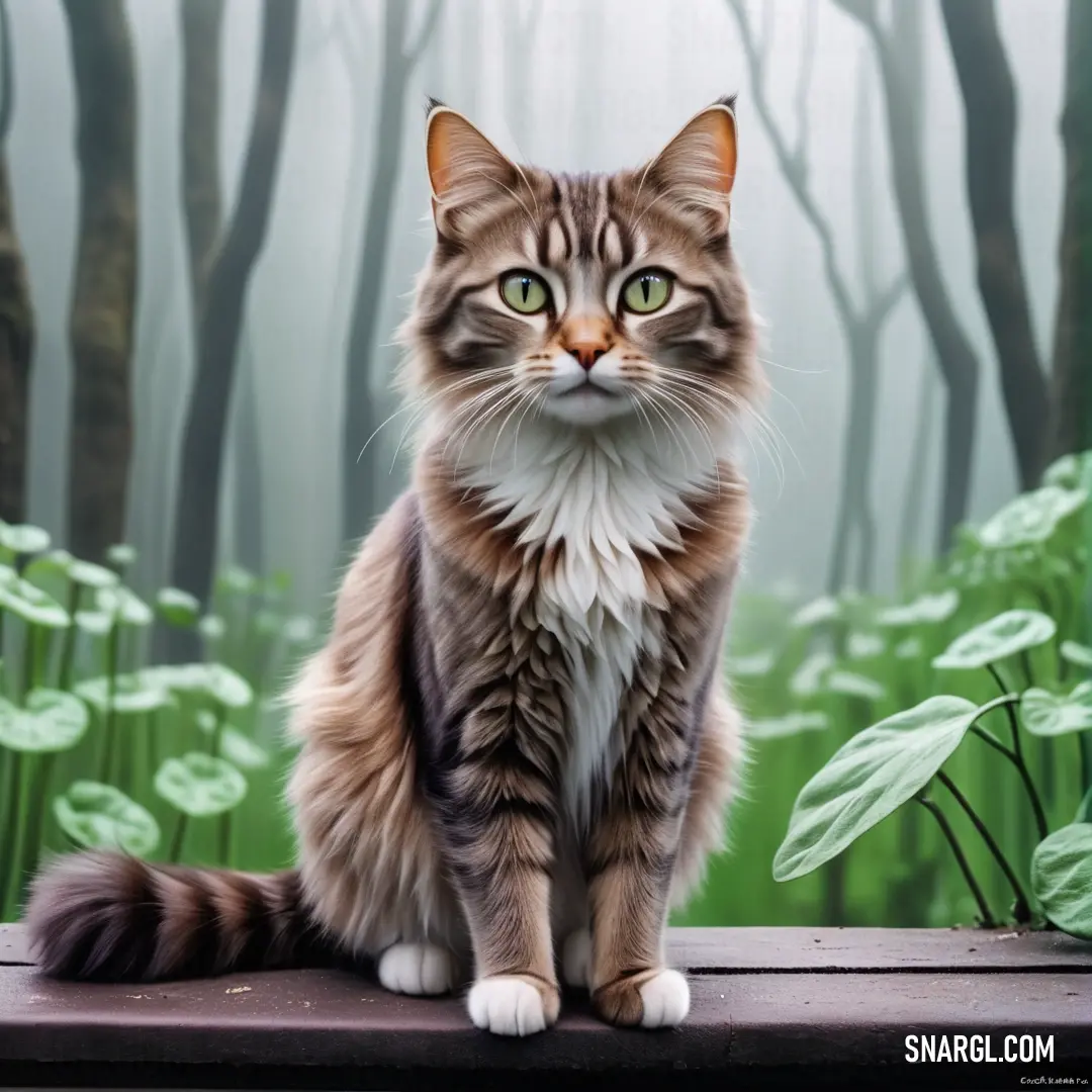 Cat on a wooden table in a forest with green grass and flowers in the background