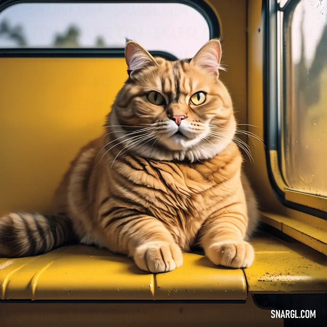 Cat on a yellow bench looking out the window of a yellow vehicle with a green eyed cat