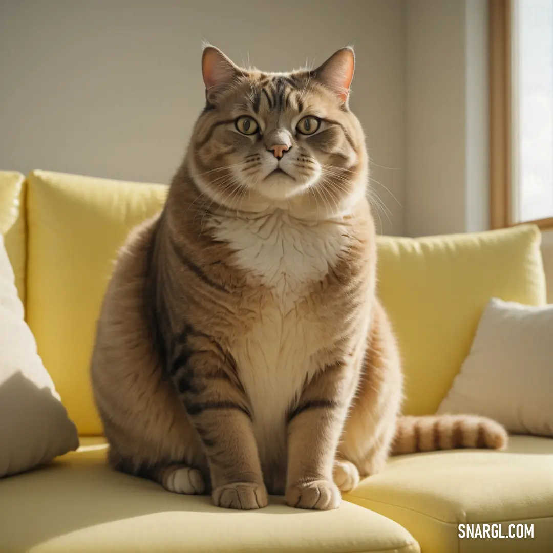 Cat on a yellow couch with pillows in the background