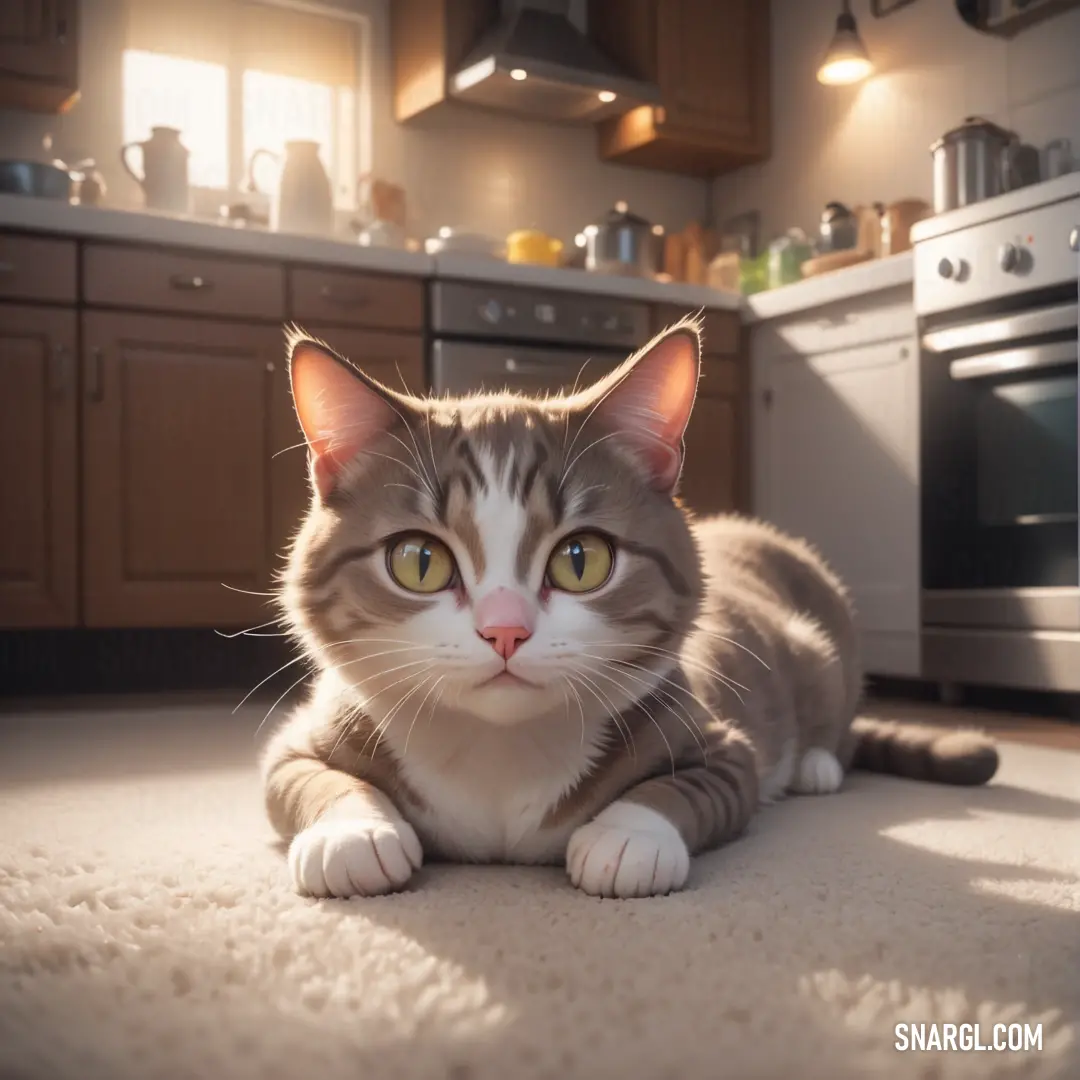 Cat on the floor in a kitchen looking at the camera with a surprised look on its face