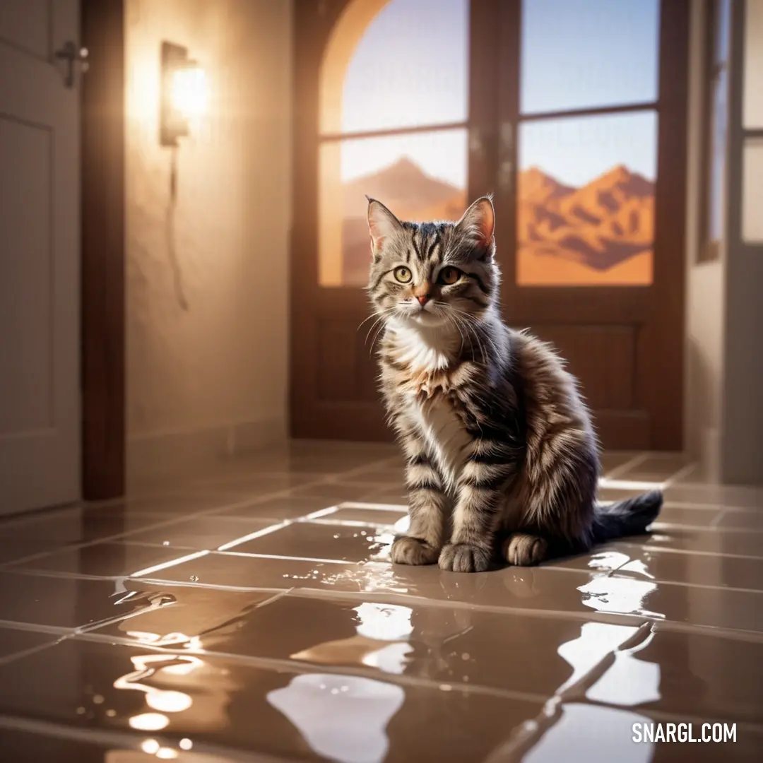 Cat on the floor in front of a window with a mountain view in the background and a light shining on the floor