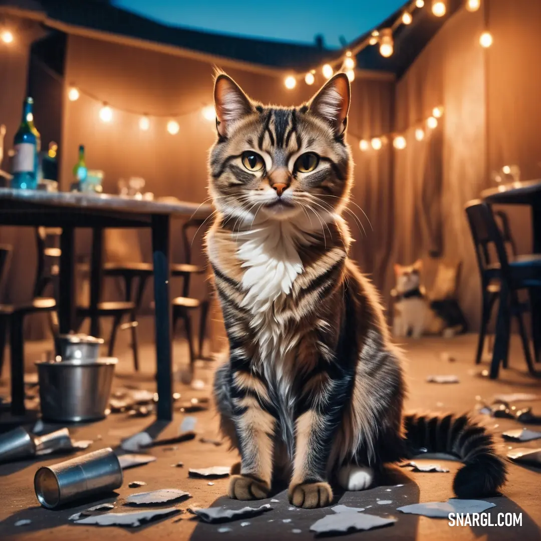 Cat on the floor in a room with a lot of confetti on the floor and lights on the walls