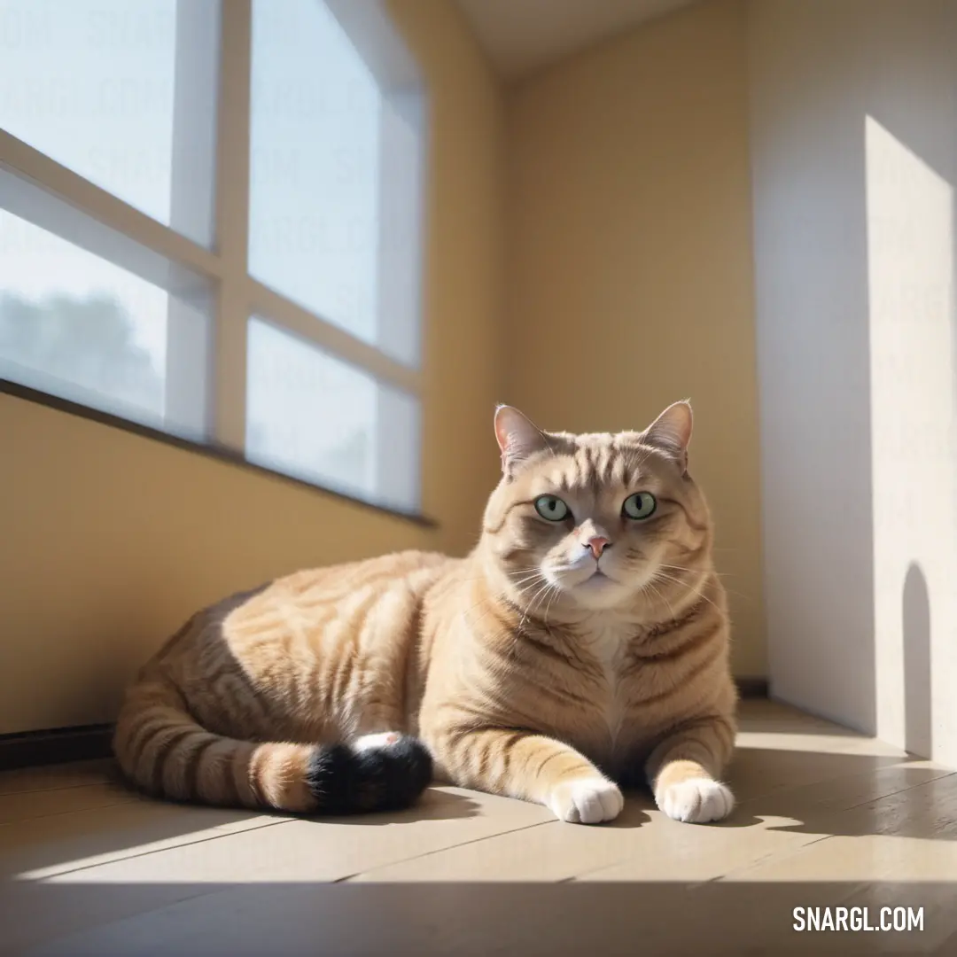 Cat on the floor in front of a window looking at the camera with a serious look on its face