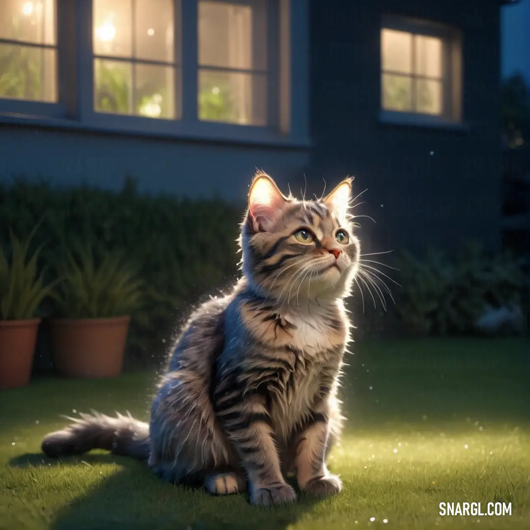 Cat on the grass in front of a house at night with its eyes open and glowing from the light