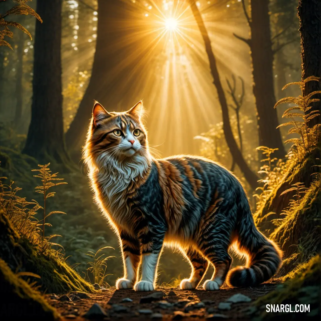Cat standing in the middle of a forest with the sun shining through the trees behind it and a trail leading to the woods