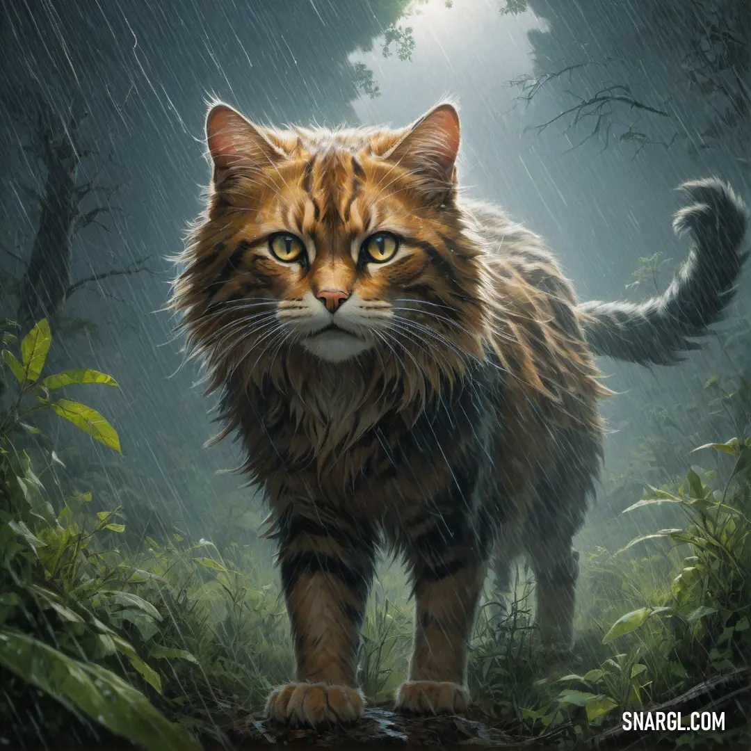 Cat standing in the rain in a forest with a full moon behind it