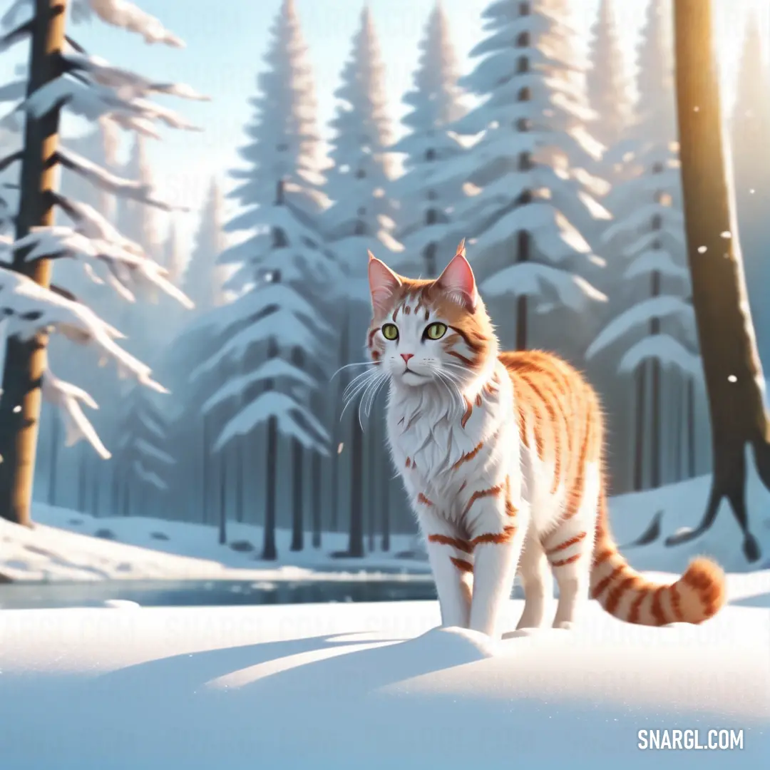 Cat standing in the snow in front of a forest with trees and snow covered ground