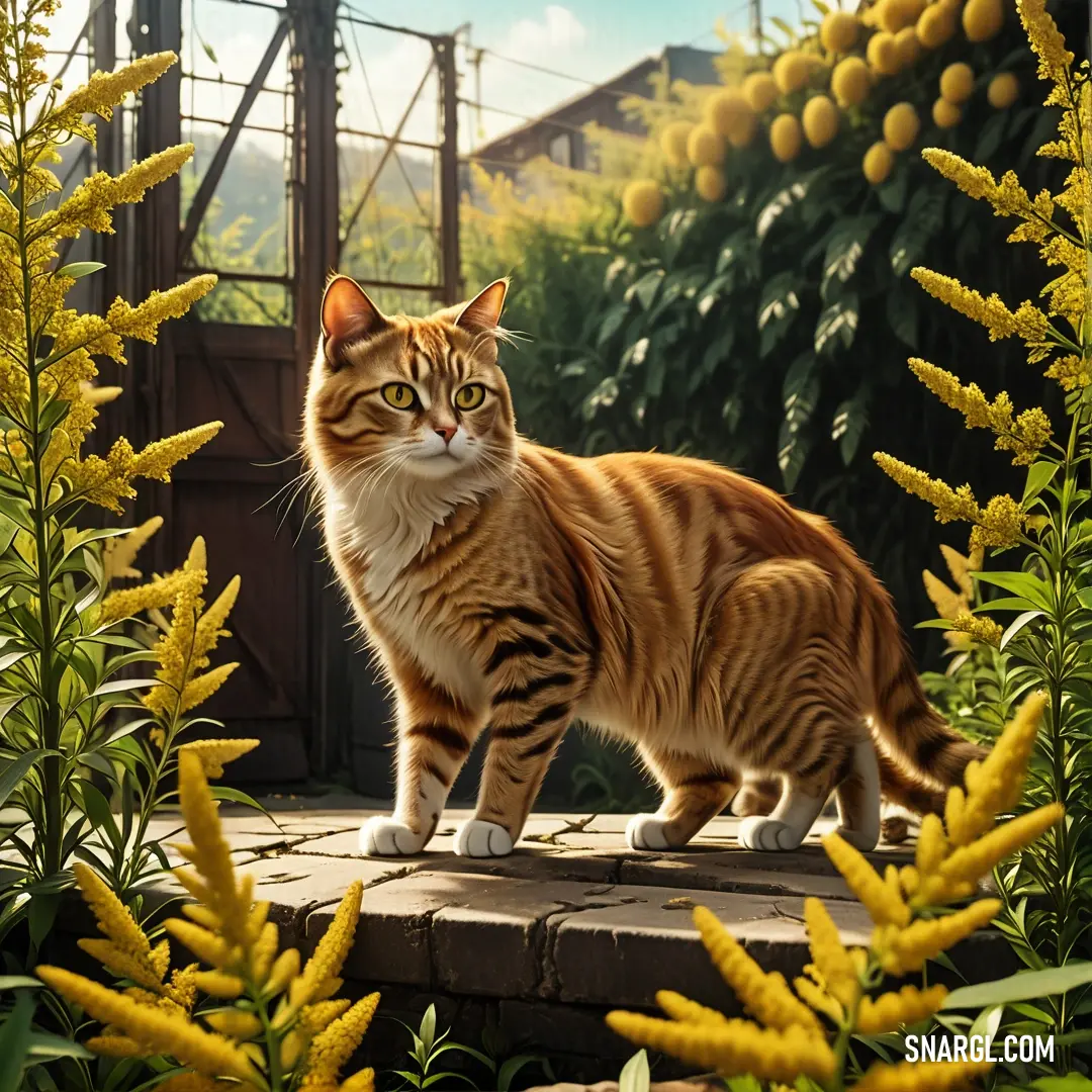 Cat standing on a ledge in a garden with yellow flowers and a building in the background with a blue sky