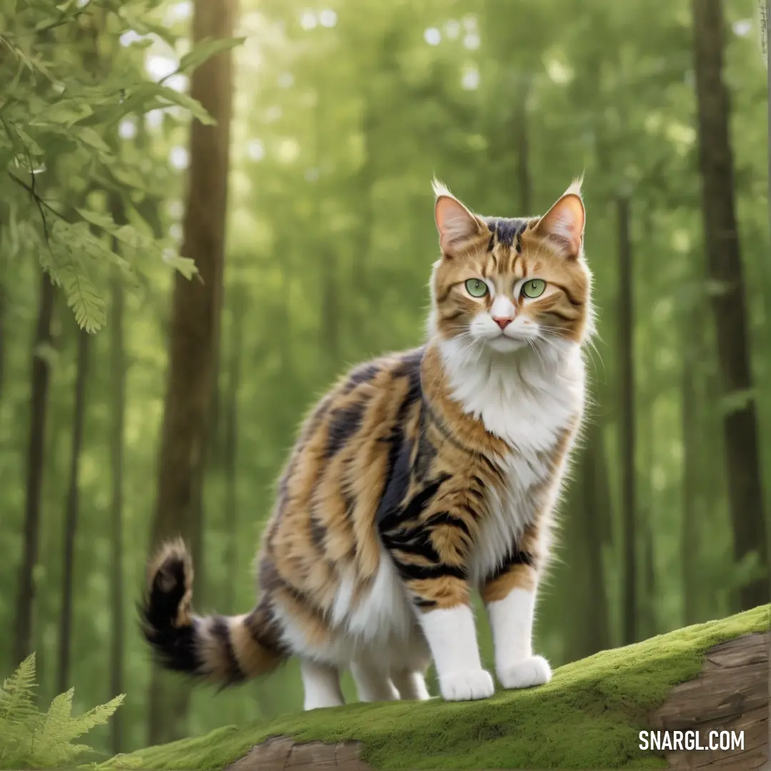 Cat standing on a mossy log in a forest with trees in the background
