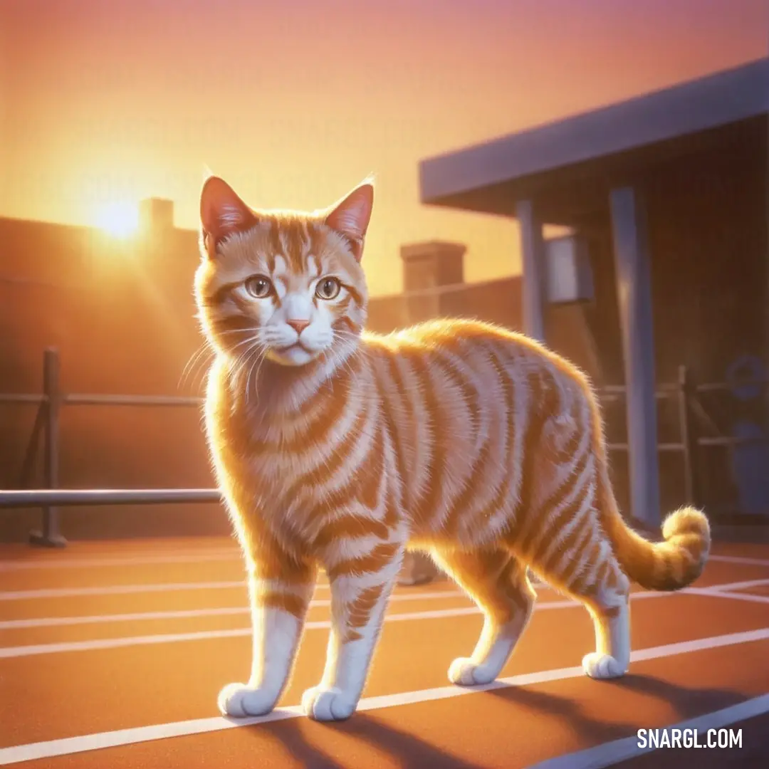 Cat standing on a tennis court at sunset with the sun shining behind it and a building in the background
